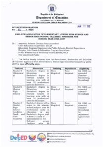 ANNOUNCEMENT: Application for Teacher I